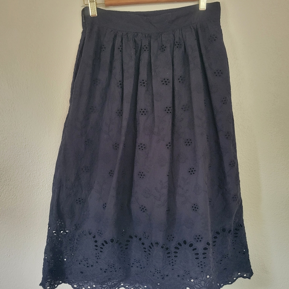 H&M Black Eyelet Midi Skirt, 100% Cotton, size 8